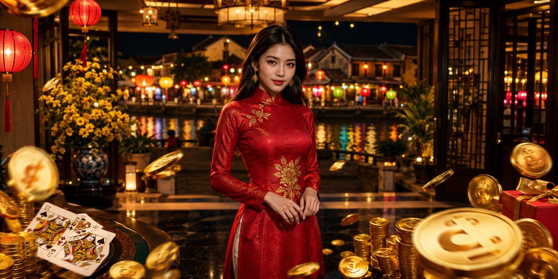 Người phụ nữ mặc áo dài tại Hội An thư giãn với trò chơi bài trực tuyến